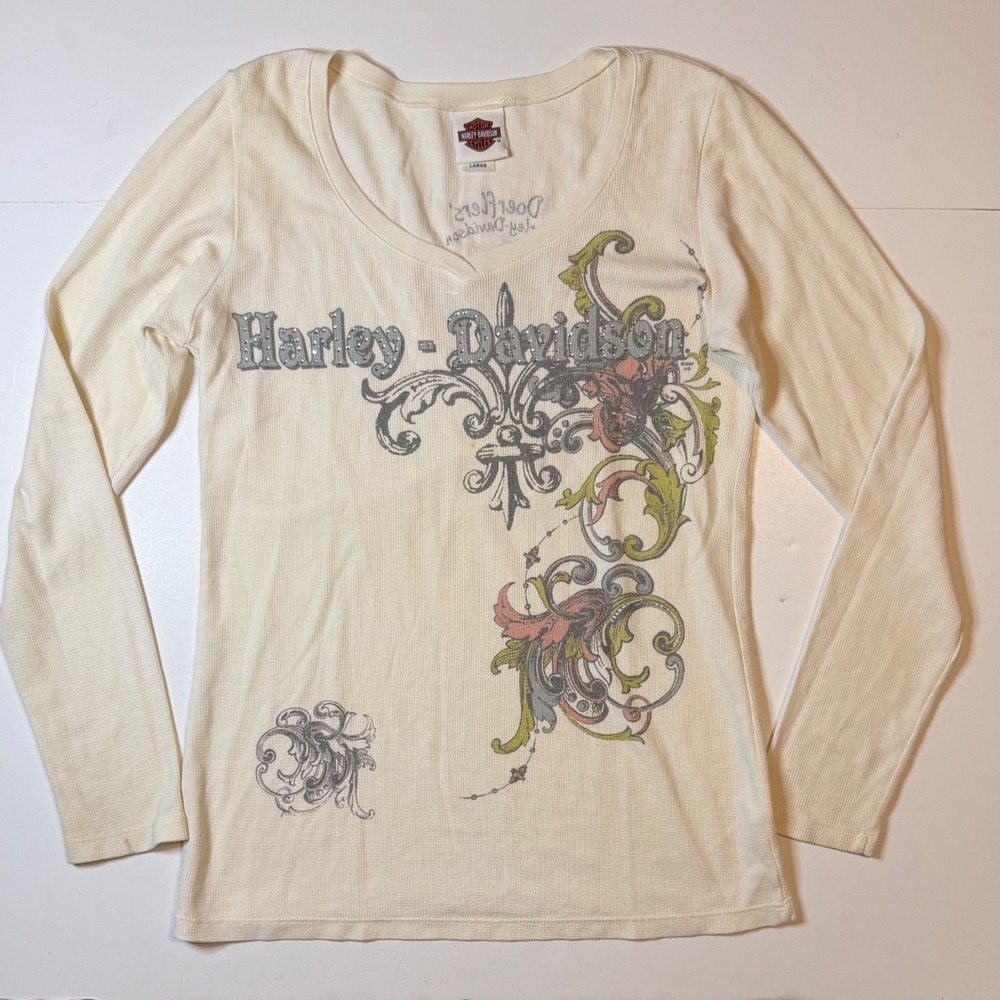 Vtg Harley-Davidson Thermal Waffle Knit Shirt Womens Large Studded Graphic